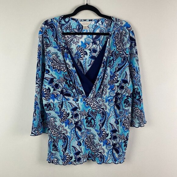CJ Banks Blue Floral Pleated Blouse Size 2X V Neck 3/4 Sleeves Layered Look - Picture 1 of 10